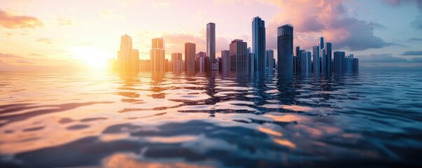 Poster - Sea level rise climate change idea. A stunning skyline reflecting on calm water during a vibrant sunset.