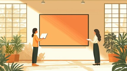 Poster - Two individuals engage in discussion in a bright, plant-filled room, with a large blank board as the focal point.