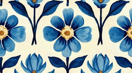 Poster -   A blue flower on a white background with a gold center at the center of the flower has a yellow center