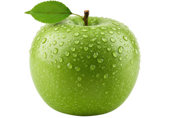 Wall Mural - A fresh green apple with water droplets and a small green leaf on the stem, isolated on white background