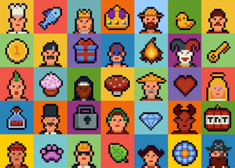 Fototapete - Set of pixel art avatars and icons. Retro game style dialogue box and elements vector collection. Pixels Y2k trendy playful stickers. 8bit. Mood of 90's aesthetics