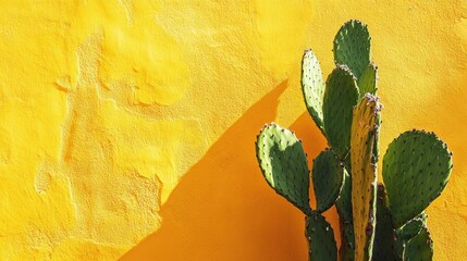 Wall Mural - Cactus against yellow wall, sunny day, shadow.  Desert plant background, nature texture