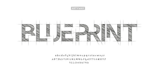 Fototapete - Architectural project font, technical draw style alphabet. Geometrical typography. Wireframe letters, typographic design with shaded for architecture logo and headline. Isolated vector typeset