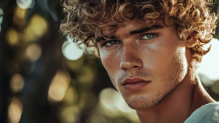 Aufkleber - Sunlight gently illuminates the face of a young man with striking curly hair, enhancing his natural features. The warm tones create a captivating atmosphere, evoking youthful energy