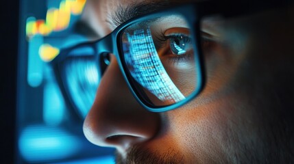 Poster - Focused crypto trader analyst wearing eyeglasses working looking at computer screen reflecting in glasses analyzing online trading stock exchange market data charts. Close up eye reflection.