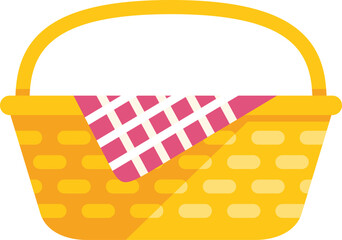 Poster - Yellow wicker picnic basket holding a red gingham blanket, ready for a delightful outdoor dining experience