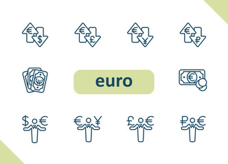 Wall Mural - Euro icons. Currency, conversion, exchange rate, dollar, ruble, yen, yuan, pound vector icon set