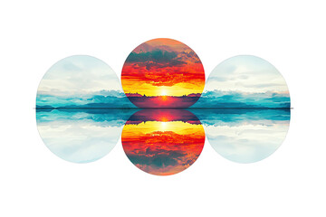 Poster - Balance symmetry idea. A vibrant sunset reflected in circles, showcasing nature's beauty and color harmony.