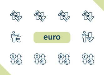 Wall Mural - Euro icons. Currency, conversion, exchange rate, dollar, ruble, yen, yuan, pound vector icon set