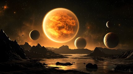 Poster - Dramatic alien landscape with glowing celestial bodies and surreal ocean scenery  Futuristic and cinematic sci fi fantasy digital artwork featuring a rocky mountainous alien world with a glowing