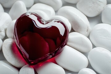 Poster - A red heart-shaped glass object resting on smooth white stones.