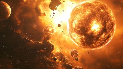 Poster - Dramatic and powerful cosmic event with planets and celestial bodies being engulfed in a fiery explosive inferno of galactic chaos and destruction  Intense