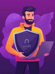 Poster - man holding security shield and developer using laptop. data and applications protection, network an