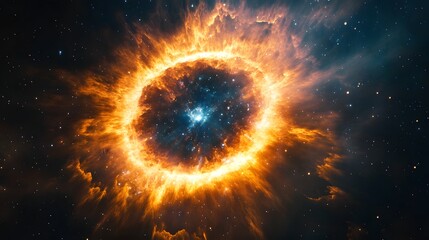 Poster - Dramatic cosmic explosion in vibrant fiery glow of galactic phenomena  Stunning luminous blast of energy fusion and ignition within the depths of the universe