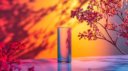Poster - A stunning display of soft light reflects off a clear vase, surrounded by delicate pink flowers. The warm hues create an inviting ambiance, highlighting nature's beauty