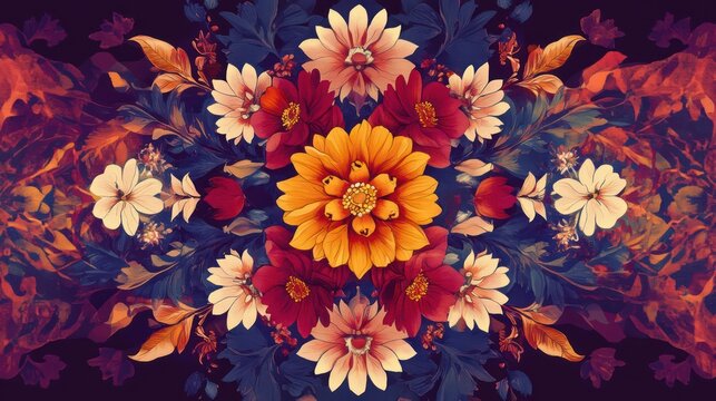 A floral mandala design featuring marigolds, lotuses, and jasmine in rich jewel tones.