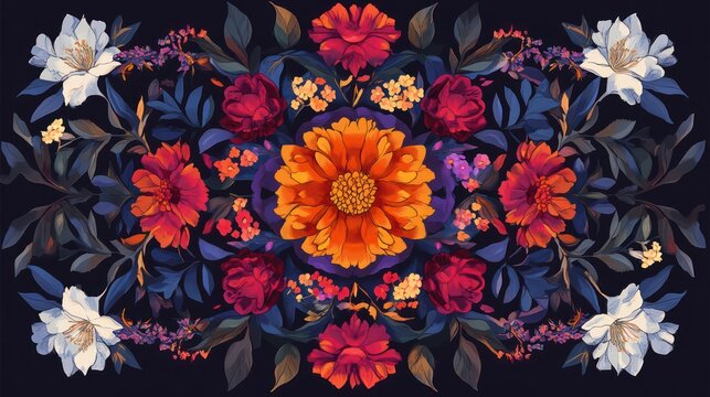 A floral mandala design featuring marigolds, lotuses, and jasmine in rich jewel tones.