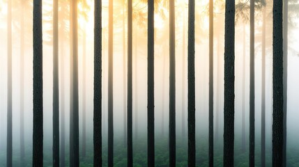 Poster - Misty forest nature idea. A serene forest scene with tall trees enveloped in fog, capturing a tranquil atmosphere.