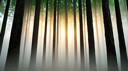 Poster - Misty forest nature idea. A serene forest scene with tall trees and sunlight filtering through the mist.