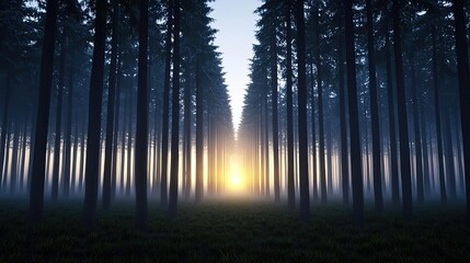 Poster - Misty forest nature idea. A tranquil forest at dawn, showcasing tall trees and soft sunlight filtering through.