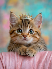 Wall Mural - Cat with fancy outfit, A cute kitten dons a tiny princess tiara, showcasing playful charm in high-fidelity detail, perfect for whimsical or royal-themed projects.