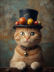 Wall Mural - Cat with fancy outfit, A Scottish Fold cat dressed in a tiny top hat, captured in high fidelity for a whimsical and stylish appeal.