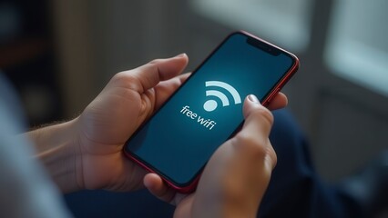 Poster - Businessman using smartphone with free wifi symbol displayed on screen