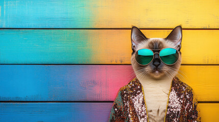 Canvas Print - Cat with fancy outfit, A Siamese cat dressed in an 80s disco outfit with sunglasses, capturing a playful retro vibe in high fidelity.