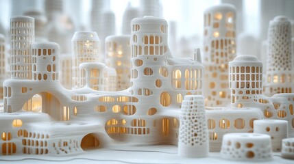 Poster - abstract architectural model showcasing intricate white structures with illuminated windows