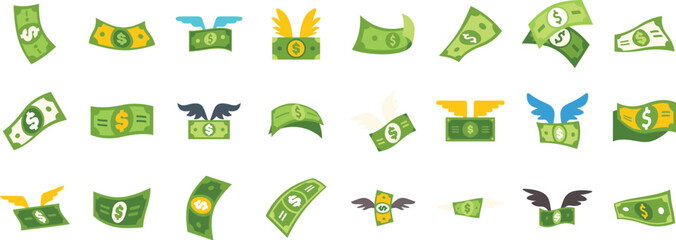 Poster - Set of flying money icons representing spending, earning, investment, and cash flow