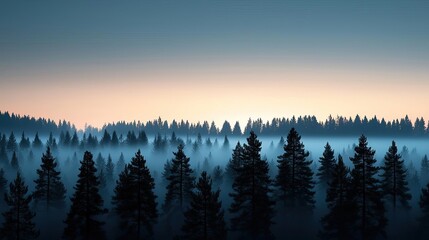 Poster - Misty forest nature idea. Misty forest landscape with tall conifer trees under a serene twilight sky.