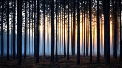 Poster - Misty forest nature idea. Serene forest landscape at dawn with tall trees shrouded in mist and soft sunlight.