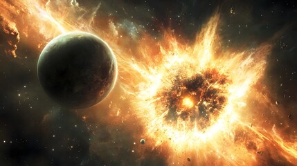 Aufkleber - Powerful cosmic explosion engulfing a distant planetary body amidst a fiery galactic maelstrom of luminous energy creating a dramatic and celestial spectacle in the depths of interstellar space