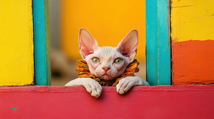 Wall Mural - Cat with fancy outfit, A whimsical image of a Sphynx cat dressed in a Renaissance-style ruffle, showcasing high fidelity and artistic detail.