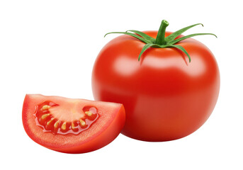 Poster - A whole fresh red tomato with a green stem, placed next to a thick slice of tomato, front view, isolated on white background
