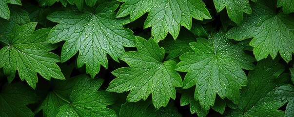 Poster - Misty forest nature idea. Close-up view of lush green leaves with droplets of water for a fresh, tranquil vibe.