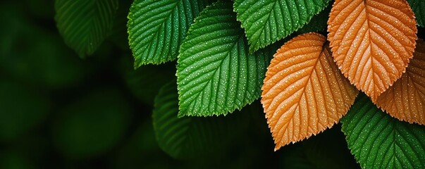 Poster - Misty forest nature idea. Close-up of colorful leaves showcasing vibrant green and autumn orange hues.
