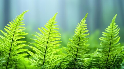 Poster - Misty forest nature idea. Lush green ferns create a serene ambiance in a tranquil forest setting.