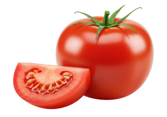 Poster - A whole fresh red tomato with a green stem, placed next to a thick slice of tomato, front view, isolated on white background