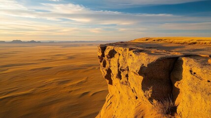 Poster - Desert landscapes nature idea. Stunning desert landscape with cliffs and vast golden sand under a dramatic sky.