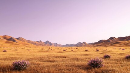 Poster - Desert landscapes nature idea. Breathtaking golden landscape with rolling hills and purple flowers under a clear sky.