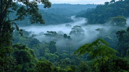 Aufkleber - Misty forest nature idea. Lush tropical forest with misty atmosphere and vibrant green foliage.