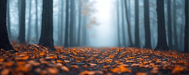 Poster - Misty forest nature idea. A misty forest path covered in orange leaves, creating a serene autumn atmosphere.