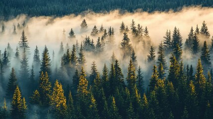 Aufkleber - Misty forest nature idea. A serene forest landscape enveloped in morning mist and sunlight filtering through trees.