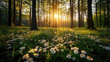 Poster - Misty forest nature idea. A serene forest landscape with flowers illuminated by sunlight filtering through trees.