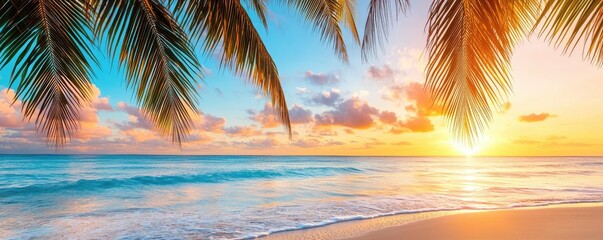 Poster - Beach sunset nature concept. A stunning tropical sunset over the ocean, framed by palm leaves on the beach.
