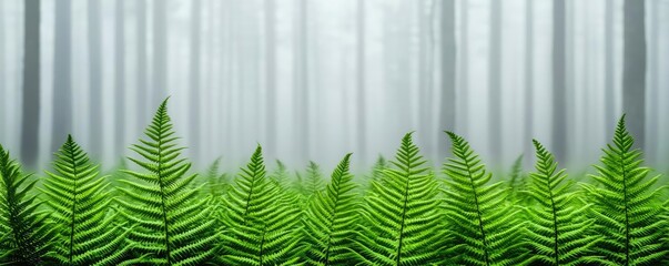 Aufkleber - Misty forest nature idea. Lush green ferns in a misty forest creating a serene and tranquil atmosphere.