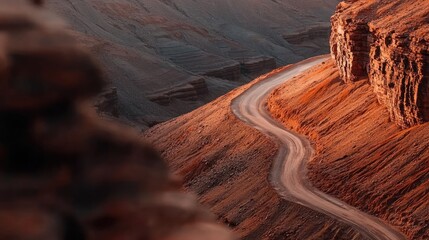 Poster - Desert landscapes nature idea. Winding road through stunning rocky terrain at sunset, highlighting nature's beauty.