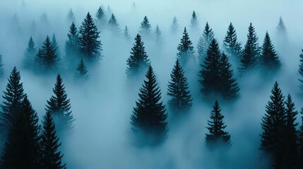 Poster - Misty forest nature idea. A serene landscape of misty evergreen trees shrouded in soft fog under a tranquil sky.