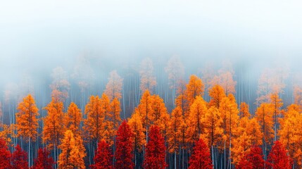 Poster - Misty forest nature idea. Vibrant autumn trees in a misty forest showcasing stunning fall colors.
